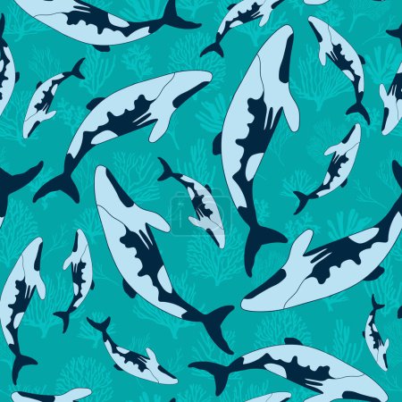 Delphine nahtlose Muster. Sammlung von Meeressäugern. Cartoon-Design im flachen Stil. Commerson Delphin Vector Illustration. 
