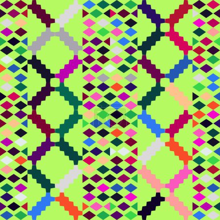 A vibrant geometric pattern featuring rectangles, circles, and symmetrical designs in shades of pink and magenta on a lush green textile background. A stunning display of art and material properties