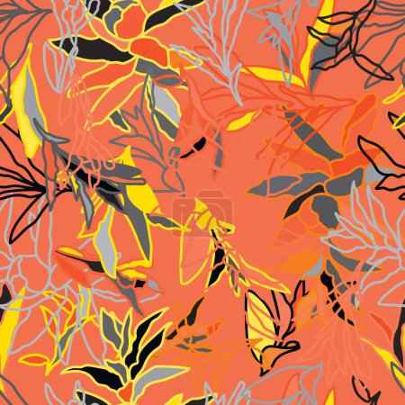 A beautiful seamless pattern of amber leaves and orange flowers on a woody plant branch, creating a stunning artwork painted on a red background
