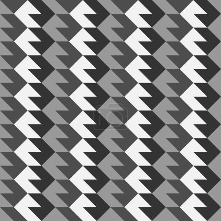 A monochromatic geometric design featuring rectangles, triangles, and arrows on a grey textile background. The pattern exhibits symmetry and uses tints and shades, with accents of electric blue