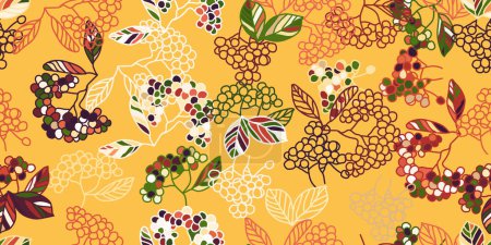 Ilustración de Inspirado en el entorno natural ecorregiones, este patrón sin costuras cuenta con hojas y bayas en tonos de amarillo, perfecto para el diseño de arte textil - Imagen libre de derechos
