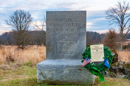 Téléchargez les photos : Monument à la Compagnie D, Infanterie Volontaire du Maine, Parc Militaire National de Gettysburg, Pennsylvanie USA, Gettysburg, Pennsylvanie - en image libre de droit
