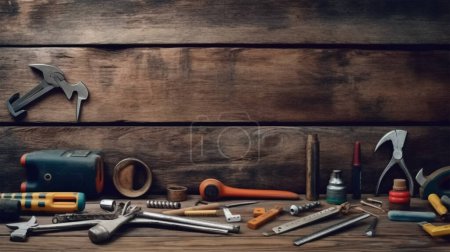 Téléchargez les photos : Outils et accessoires pour la maison sur la table en bois - en image libre de droit