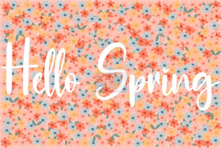 Frühlingsflorales Muster mit einfachem pinkgelbem Hintergrund, blauer Blume und Blättern auf rosa Hintergrund und Schriftzug Hallo Frühling. Netter natürlicher Hintergrund.