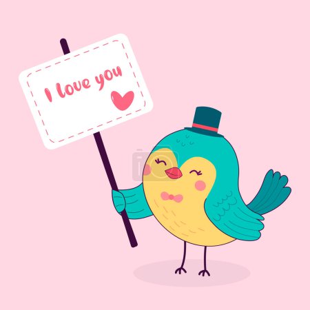 Illustration for A cute bird congratulates you on Valentine's Day. A cute bird with a sign I love you Bright vector drawing for February 14, wedding, date. Flat cartoon clipart for print, postcard - Royalty Free Image