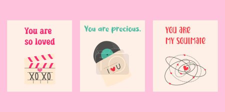 Set of cute cards for Happy Valentine's Day. Valentine's day. Fashionable and minimalistic posters with inscriptions and drawn illustrations about Valentine's Day,