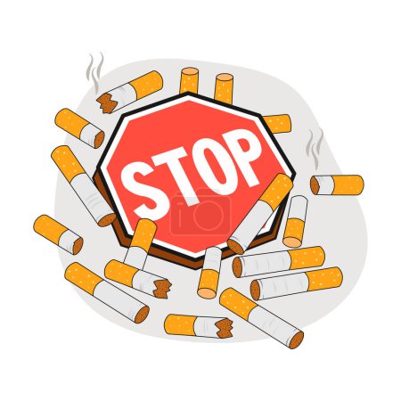 Deja de fumar cigarrillos de dibujos animados. Día Mundial Sin Tabaco. Vamos a destruir el tabaco. Vector.