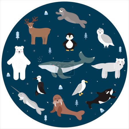 Cute polar animals, seabirds and mammals. The Arctic banner is stylized as a circle. Polar world, northern life. Vector illustration in cartoon style. Conceptual map with polar inhabitants.