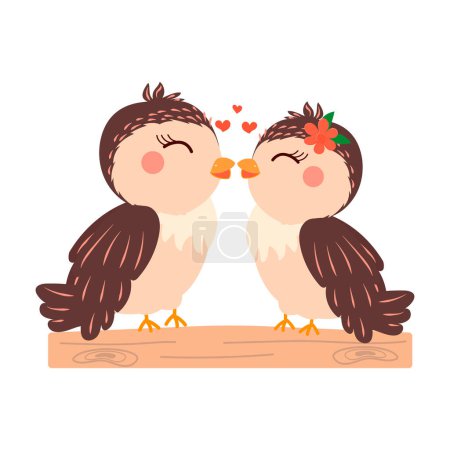 Lieben Vögel auf einer Bank. Vektorillustration zweier Vögel mit einem Herz auf weißem Hintergrund. Druck für Postkarte, T-Shirt Design, Poster.