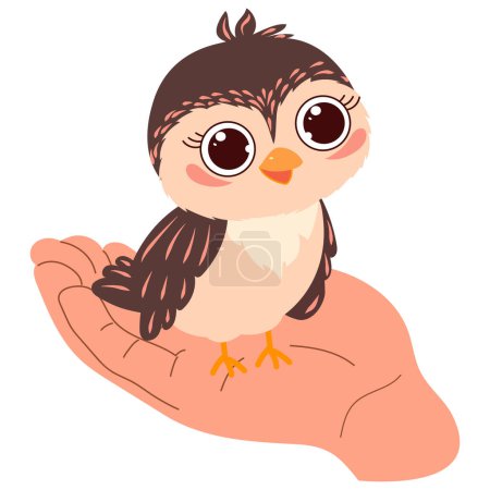 Illustration for A hand with a small bird sitting on the palm. Cute bird with raised head. Cartoon vector illustration isolated. Sticker, symbol, icon for your design. White background - Royalty Free Image