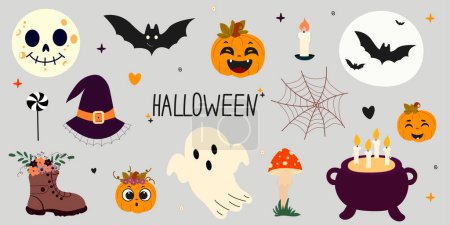 Photo for Cute set of elements for the Halloween holiday. Ghost,pumpkin,fly agaric,boot,moon,candle,bat,web,cauldron,potion.Vector illustration for greeting cards. - Royalty Free Image