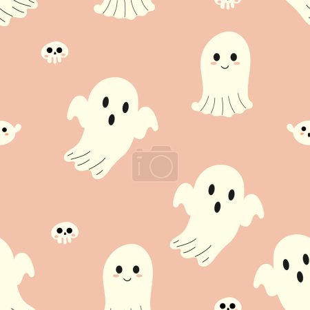 Téléchargez les illustrations : Fantômes mignons fond d'Halloween sans couture. Modèle pour textile, papier peint, emballage, couverture, web, carte, boîte, impression, bannière, céramique - en licence libre de droit