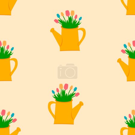 Téléchargez les illustrations : Jolie arrosoirs de jardin avec des tulipes sans couture fond de printemps.Fête des mères, anniversaire.Modèle pour textile, papier peint, emballage, couverture - en licence libre de droit