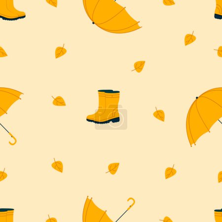 Téléchargez les illustrations : Bottes mignonnes avec un fond d'automne sans couture parapluie. Modèle pour textile, papier peint, emballage, couverture - en licence libre de droit