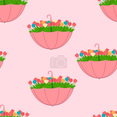 Téléchargez les illustrations : Parapluie mignon avec des tulipes sans couture fond de printemps. Modèle pour textile, papier peint, emballage, couverture - en licence libre de droit
