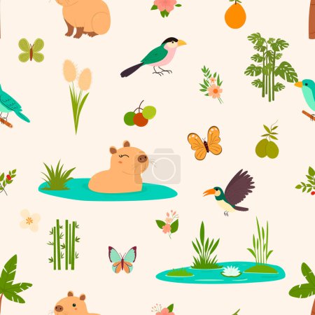 Illustration for Cute seamless background with a variety of capybaras, butterflies, birds, mangoes, avocados. Great for fabrics, wrapping paper, covers and childrens designs. - Royalty Free Image
