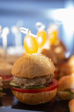 Téléchargez les photos : Mini burger sur plateau avec tomate fraîche, laitue croustillante, concombre tranché, pain de graines de sésame, galette de bœuf juteuse, fromage fondu, cure-dent et boule jaune. - en image libre de droit