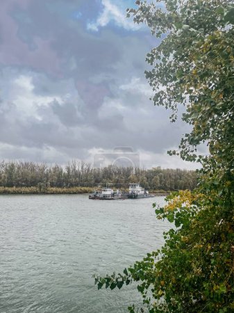 Foto de La imagen captura la serena escena de remolcadores navegando por el río bajo un cielo nublado con árboles otoñales en la orilla. - Imagen libre de derechos
