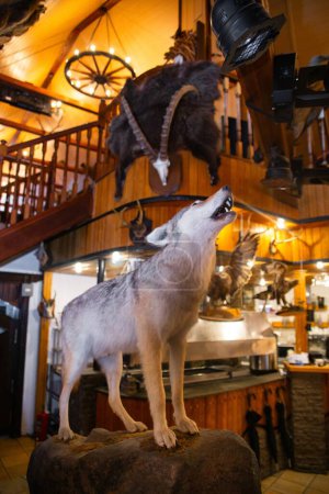 A full-size gray wolf standing on a rock taxidermy display in a restaurant with wood-paneled walls and a balcony.
