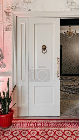 Wooden door with lion-shaped knocker, tall vertical window allowing natural light, and a vibrant red rug placed elegantly at the entrance.