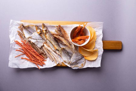 Eine Vielzahl von dehydriertem Fisch, Möhren und Kürbisscheiben auf weißem Papier vor grauem Hintergrund. Isoliert auf grauem Hintergrund.
