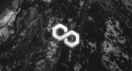 Foto de Tema de criptomoneda de símbolo simbólico MATIC polígono sobre fondo abstracto - Imagen libre de derechos