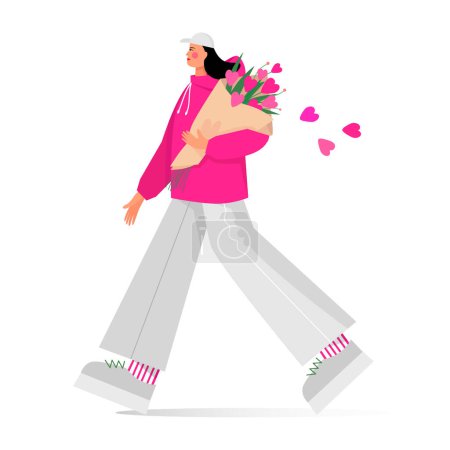 Illustration for Woman holding a bouquet of pink hearts. Stock flat illustration. - Royalty Free Image