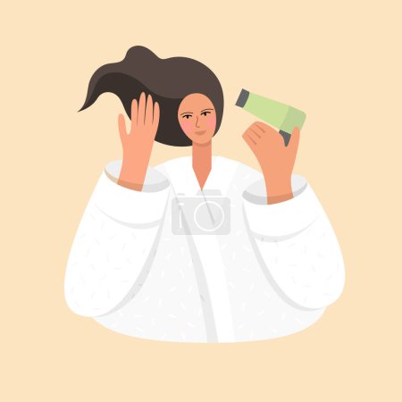 Illustration for A girl in a bathrobe dries her hair with a hair dryer. Vector illustration. - Royalty Free Image