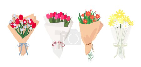 Ilustración de Floral vector bouquet with colorful flowers in craft paper. Set of four illustrations. - Imagen libre de derechos