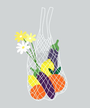 Ilustración de Bolsa de malla de compras con frutas y margaritas sobre fondo gris. Ilustración ecológica. - Imagen libre de derechos