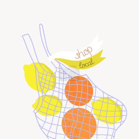 Illustration for Shop local. Shopping mesh bag with fruits  on a grey background. - Royalty Free Image