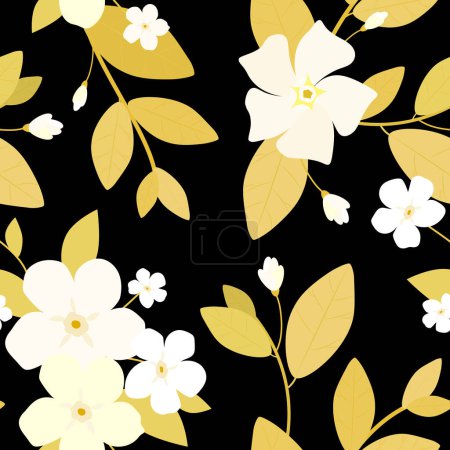 Illustration for Stylish white flowers and golden leaves on a black background. Seamless vector pattern. - Royalty Free Image