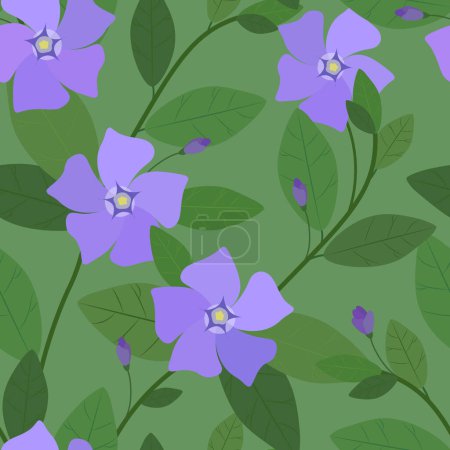 Illustration for Violet periwinkle flower on a green background. Seamless vector pattern. - Royalty Free Image