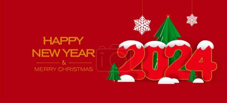 Illustration for Red 2024 with snow and spruce on a red background. Happy new year greeting banner. Digital craft style. - Royalty Free Image