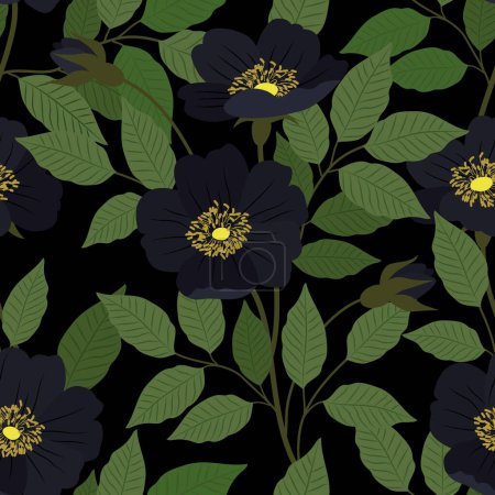 Téléchargez les illustrations : Fleurs noires plus rondes avec des feuilles sur un fond noir. Fleurs bleu foncé sur fond noir. Modèle vectoriel sans couture. - en licence libre de droit
