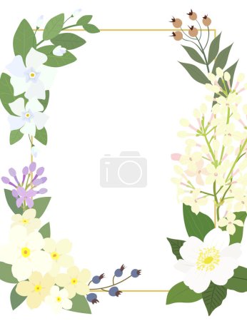 Illustration for Gold rectangle frame with lilac flowers, periwinkle and berries isolated on a white background. Vector illustration. - Royalty Free Image