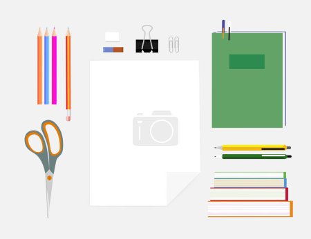 Illustration for Vector set with office stationery. Pencils, pens, folder, scissors, etc. - Royalty Free Image