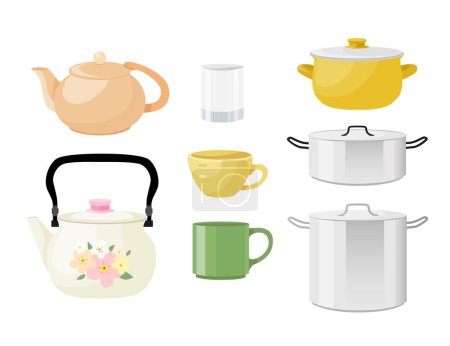 Illustration for Vector set of saucepans, teapots and cups isolated on white background. A set of kitchen utensils. - Royalty Free Image
