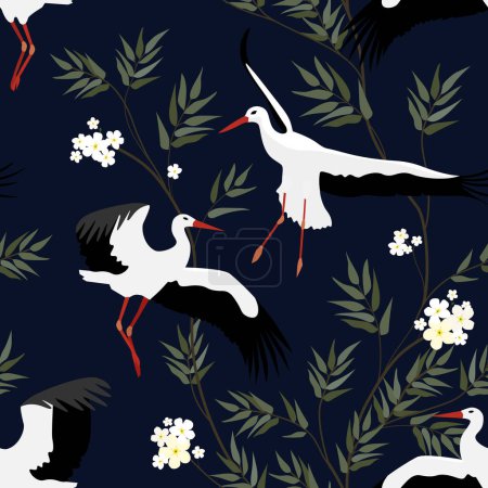 Ilustración de Grúas con patrón floral sobre fondo azul oscuro. Patrón sin costuras. Aves voladoras. - Imagen libre de derechos
