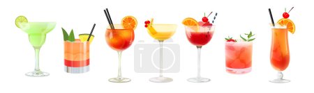 Cocktails Set mit 7 Illustrationen isoliert auf weißem Hintergrund. Vektorillustration.