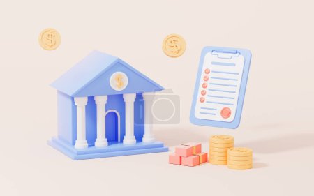 Contrato de banco y préstamo, contrato hipotecario y concepto de banca en línea, renderizado en 3D. Dibujo digital.