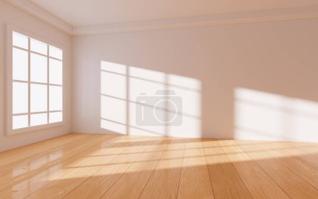 Téléchargez les photos : Chambre vide avec sol en bois, scène de géométrie intérieure, rendu 3d. Dessin numérique. - en image libre de droit
