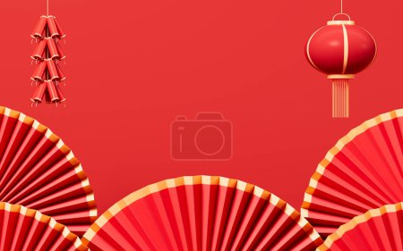 Red Spring Festival Themenszene, rote Fans und Feuerwerkskörper, 3D-Darstellung. Digitale Zeichnung.