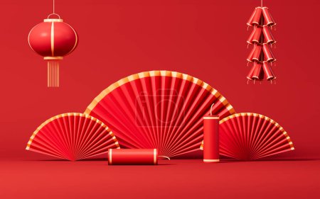 Red Spring Festival Themenszene, rote Fans und Feuerwerkskörper, 3D-Darstellung. Digitale Zeichnung.