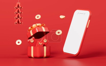 Red-envelope and mobile phone, Electronic red-envelope and new Year theme, 3d rendering. Digital drawing.