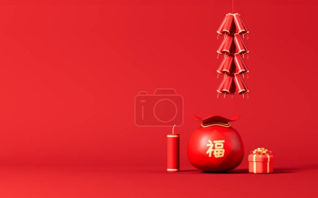 Rote Glückstasche mit chinesischem Schriftzug "Fu", Frühlingsfest-Themenszene, 3D-Darstellung. Digitale Zeichnung.