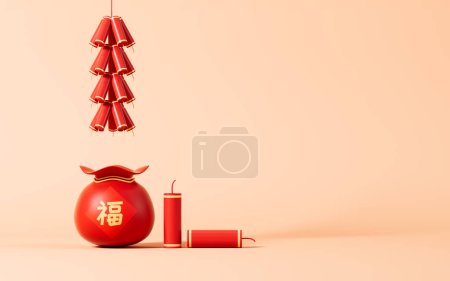 Rote Glückstasche mit chinesischem Schriftzug "Fu", Frühlingsfest-Themenszene, 3D-Darstellung. Digitale Zeichnung.