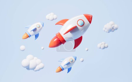 Photo for Cartoon rocket launching scene on the blue background, 3d rendering. Digital drawing. - Royalty Free Image