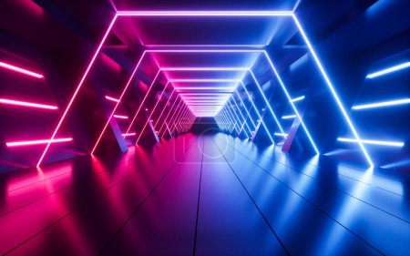 Leuchtender Neon-Tunnel, abstrakte Neonlinien Science-Fiction-Hintergrund, 3D-Rendering. Digitale Zeichnung.
