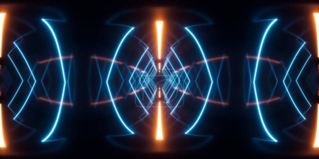 Abstrakte Neonlinien Science-Fiction-Hintergrund, 360-Grad-Panorama-Reflexionskarte eines farbigen Tunnels, 3D-Rendering. Digitale Zeichnung.